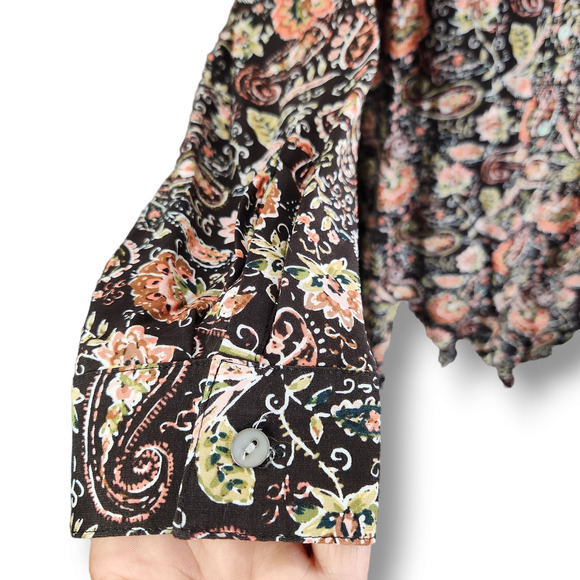 J Jill Buttoned Tunic Blouse Large Petite Black Pink Floral Filigree Lightweight - Picture 5 of 10